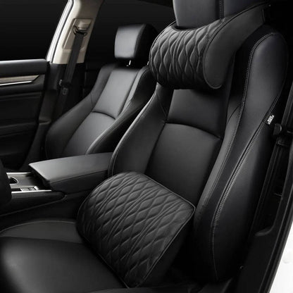 Luxury Leather Embroidered Lumbar Pillow & Neck Pillow Set Car Comfort MHRJ Black Set 