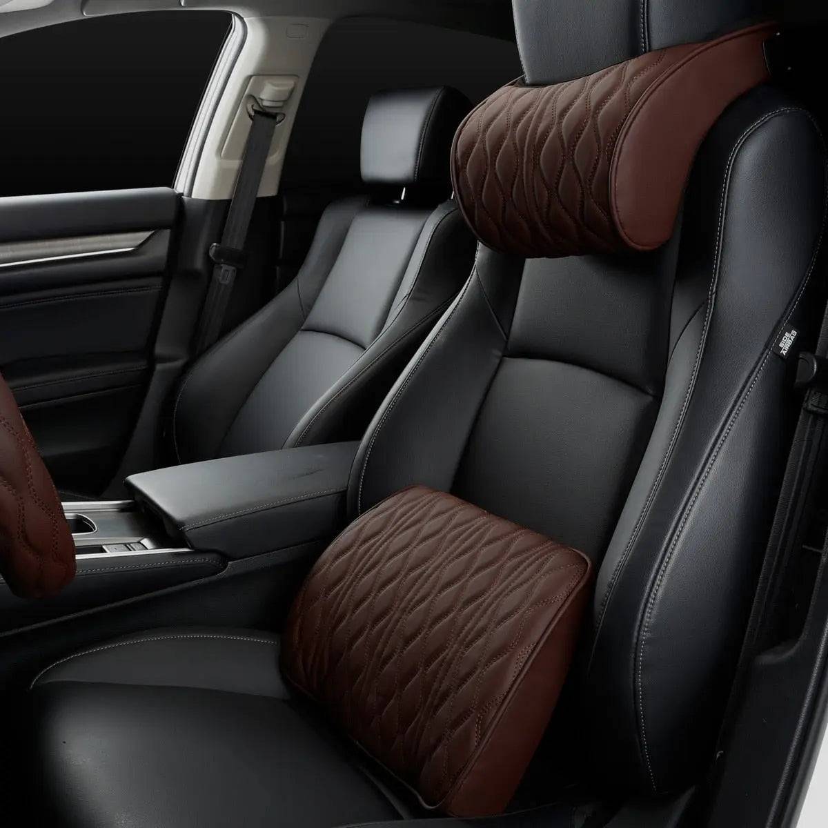 Luxury Leather Embroidered Lumbar Pillow & Neck Pillow Set Car Comfort MHRJ Coffee Set 